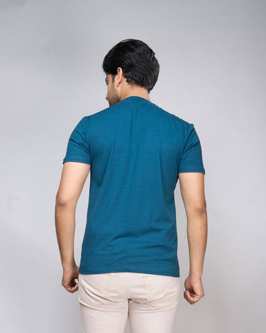 Back view of Bamboo V-Neck T-Shirt in teal blue, showcasing soft, breathable fabric and tailored fit for sustainable everyday wear.