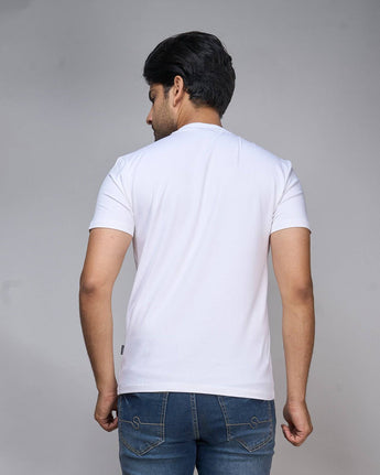 Back view of Bamboo V-Neck T-Shirt in white, showcasing soft, breathable fabric and minimalist design for sustainable everyday wear.