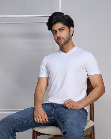 Bamboo V-Neck T-Shirt in white for men, featuring a soft, breathable fabric and minimalist design, ideal for sustainable everyday wear.