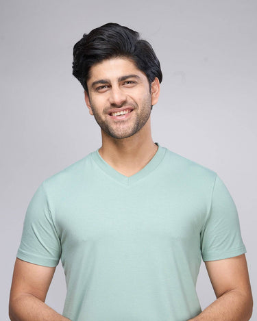 Bamboo V-Neck T-Shirt in light green for men, featuring a soft, breathable fabric ideal for everyday minimalist wear in all seasons.