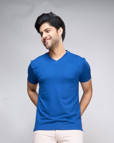 Bamboo V-Neck T-Shirt in royal blue for men, featuring a soft, breathable fabric and minimalist design ideal for everyday sustainable wear.