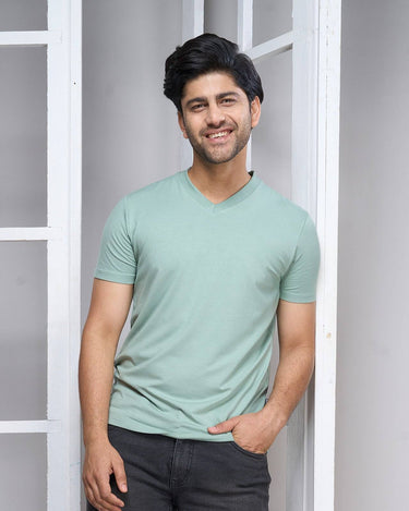 Bamboo V-Neck T-Shirt in soft green, featuring a classic fit and half sleeves. Ideal sustainable everyday wear for men with breathable comfort.