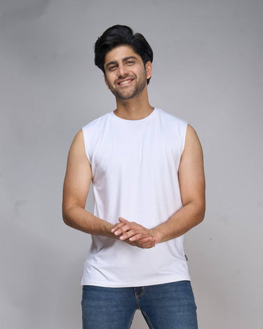 Front view of men's white bamboo tank top, designed for breathable comfort and versatile everyday wear.
