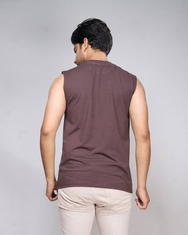 Back view of men's brown bamboo tank top, showcasing eco-friendly fabric and a relaxed fit.