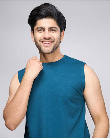 Teal bamboo tank top for men, sleeveless and lightweight, ideal for workouts or warm-weather wear.