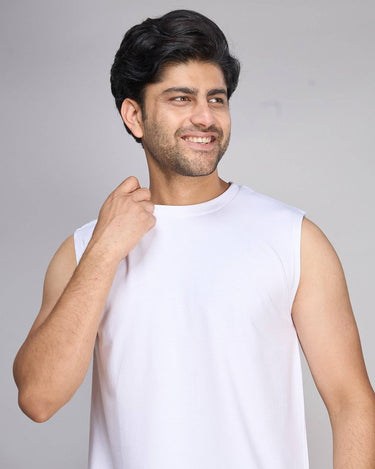 White bamboo tank top for men, sleeveless and ultra-soft, ideal for summer lounging or gym sessions.