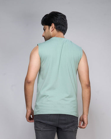 Back view of mint green bamboo tank top for men, made from ultra-soft, breathable fabric.