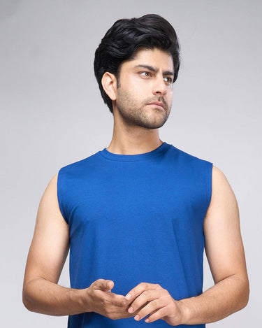 Royal blue bamboo tank top for men, sleeveless and breathable, perfect for gym or casual wear.