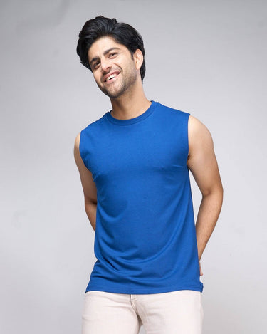 Men's royal blue bamboo tank top with a relaxed fit, designed for breathable comfort and all-day wear.