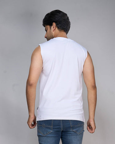 Back view of men's white bamboo tank top, showcasing moisture-wicking fabric and relaxed fit for all-day comfort.