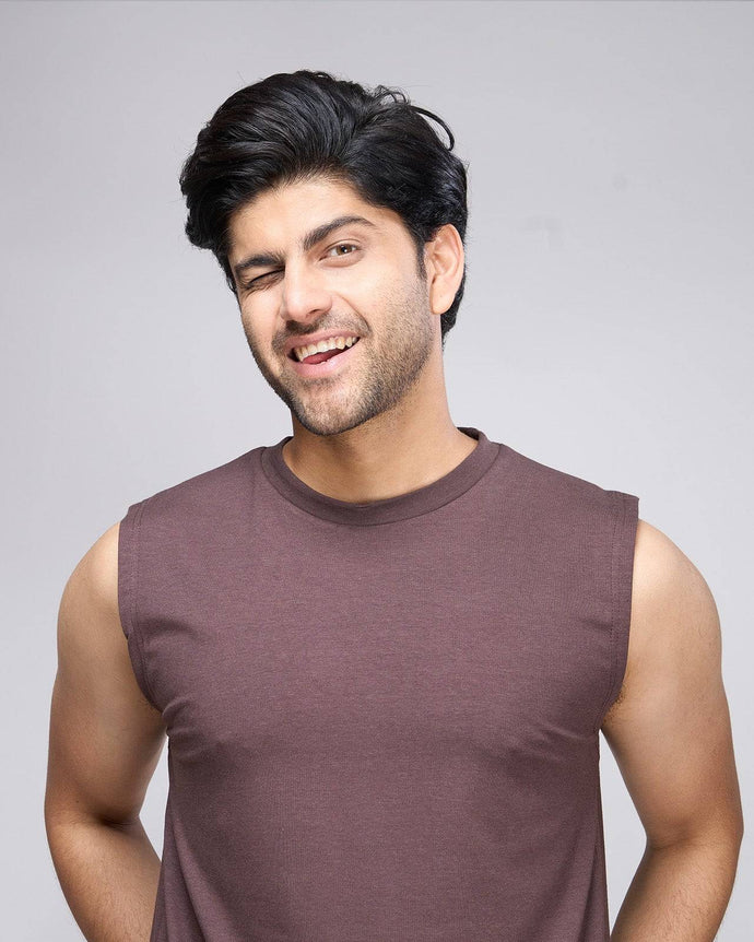 Brown bamboo tank top for men, sleeveless and soft, designed for breathable comfort and casual style.