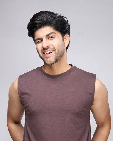 Brown bamboo tank top for men, sleeveless and soft, designed for breathable comfort and casual style.