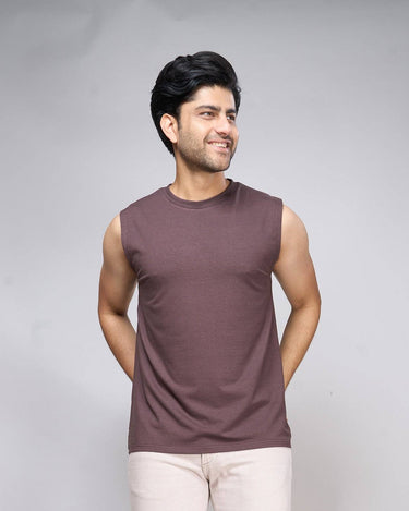 Men's brown bamboo tank top with crew neck, ideal for warm weather and active lifestyles.