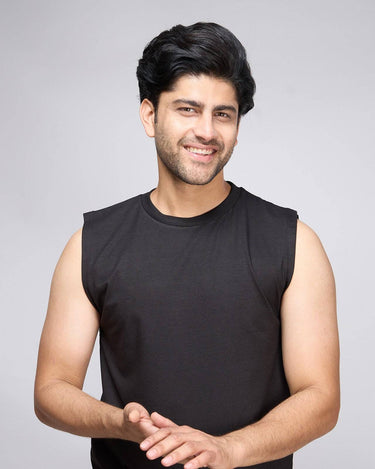 Men's black bamboo tank top with crew neck, offering lightweight, breathable comfort for workouts or casual wear.